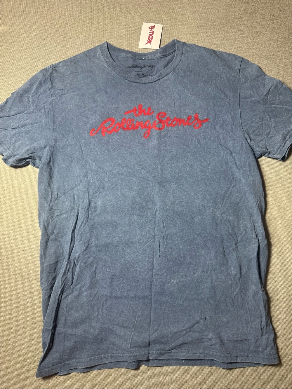 the Rolling Stones Vintage-Style Washed Blue Tee with Red Script